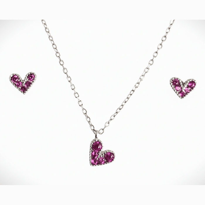 Sterling silver s925 pendant earrings hearts Zirconia set magenta minimalist