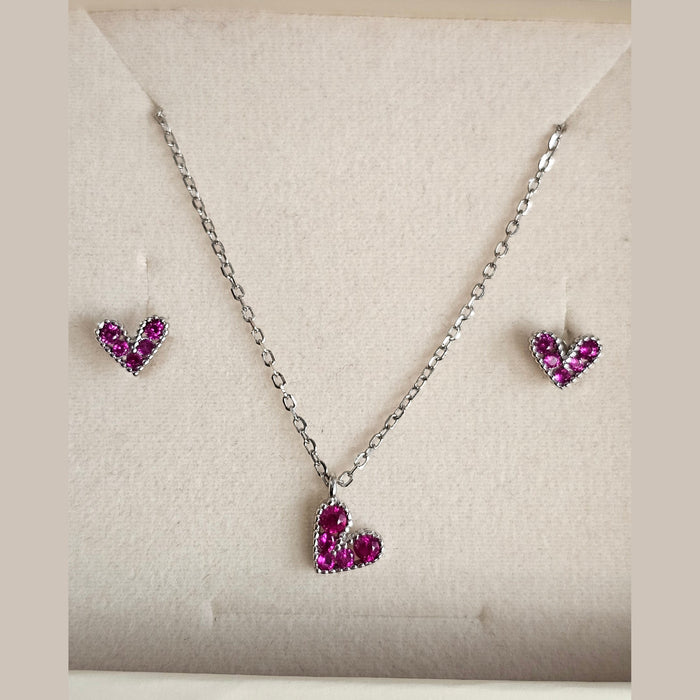 Sterling silver s925 pendant earrings hearts Zirconia set magenta minimalist