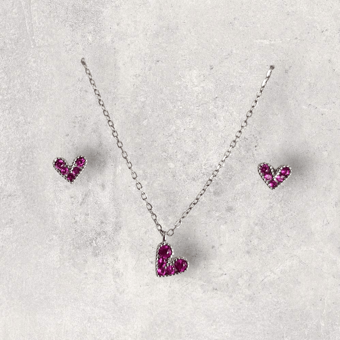 Sterling silver s925 pendant earrings hearts Zirconia set magenta minimalist