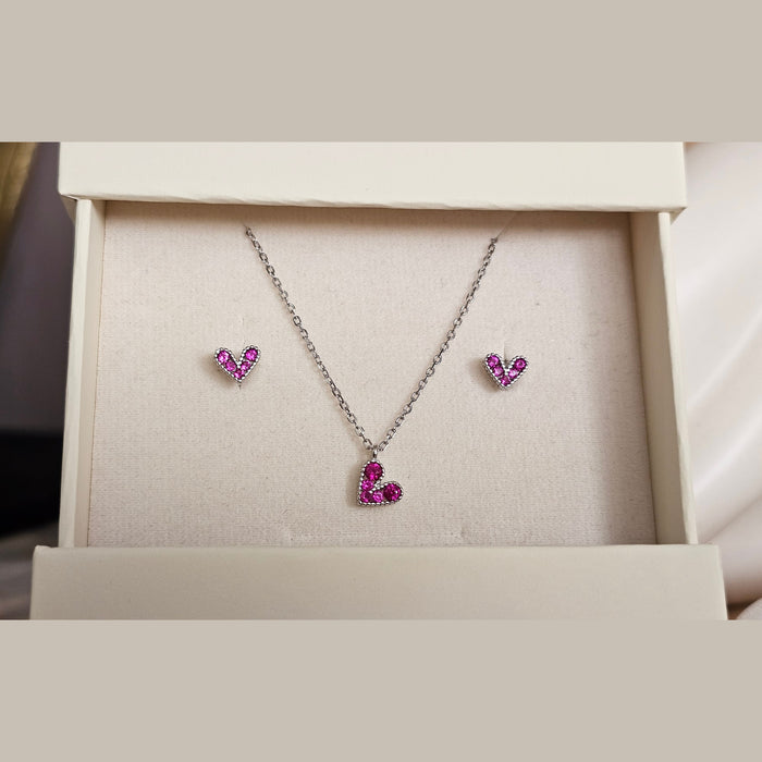 Sterling silver s925 pendant earrings hearts Zirconia set magenta minimalist