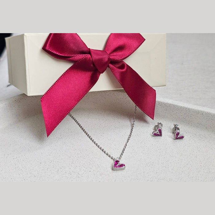Sterling silver s925 pendant earrings hearts Zirconia set magenta minimalist