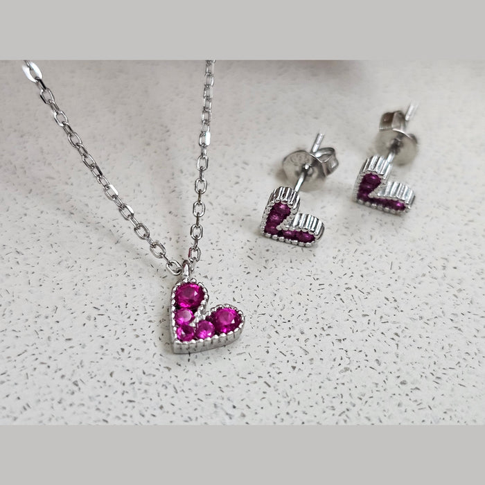 Sterling silver s925 pendant earrings hearts Zirconia set magenta minimalist