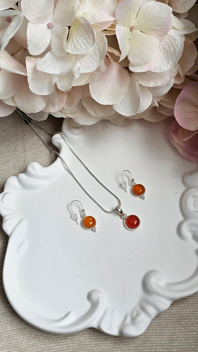 Sterling silver s925 pendant necklace earrings set Carnelian round