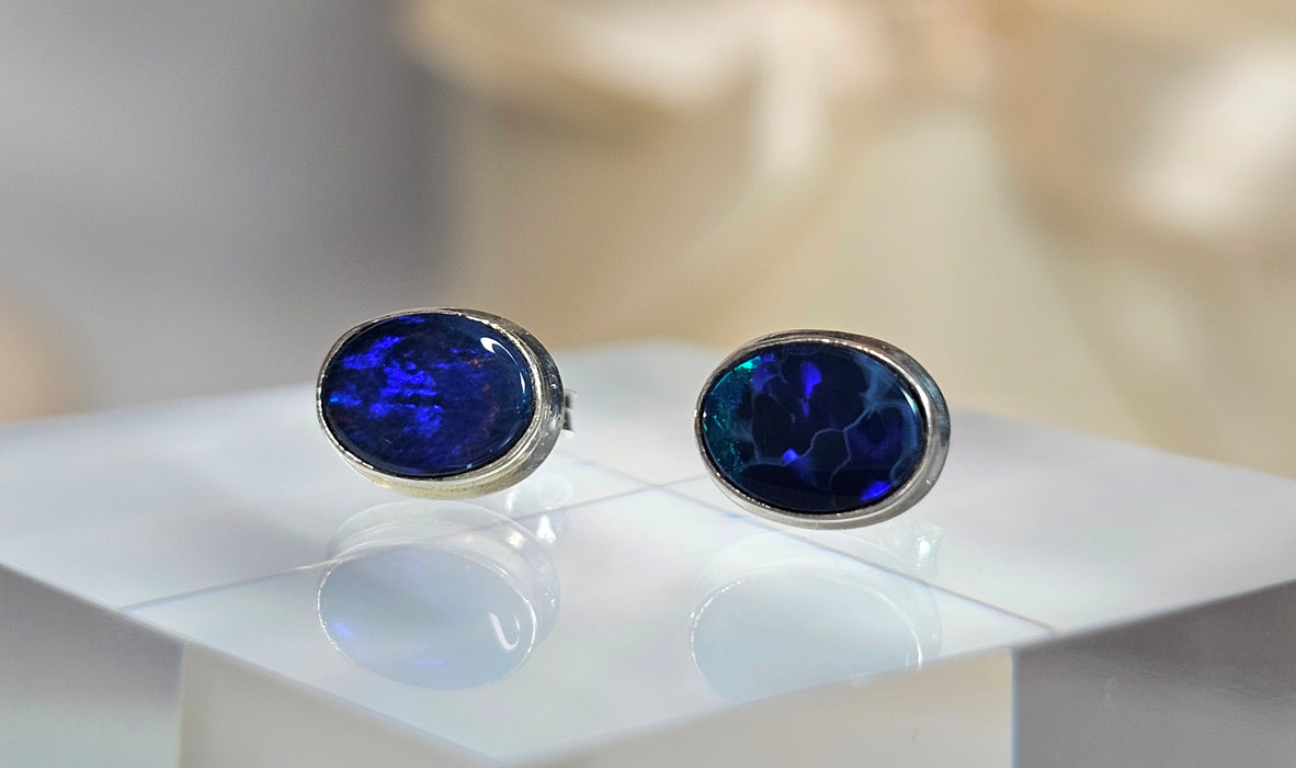 Sterling silver s925 earrings natural Black Opal stone stud