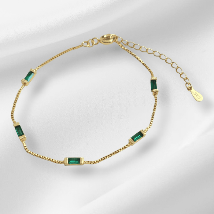 Sterling silver s925 gold plated bracelet green zirconia rectangle