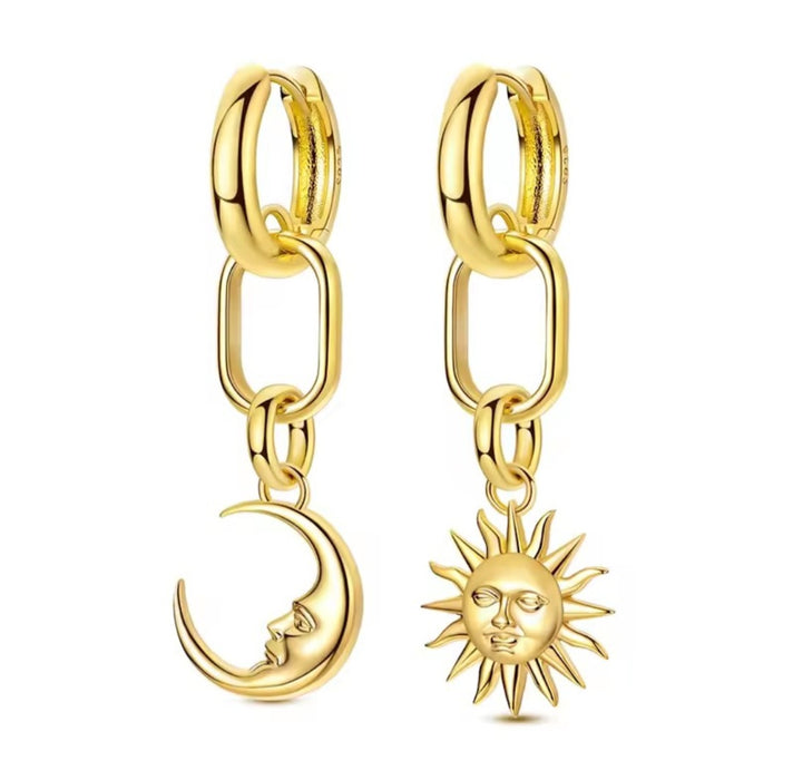 Sterling silver s925 earrings gold plated drop hoop moon sun