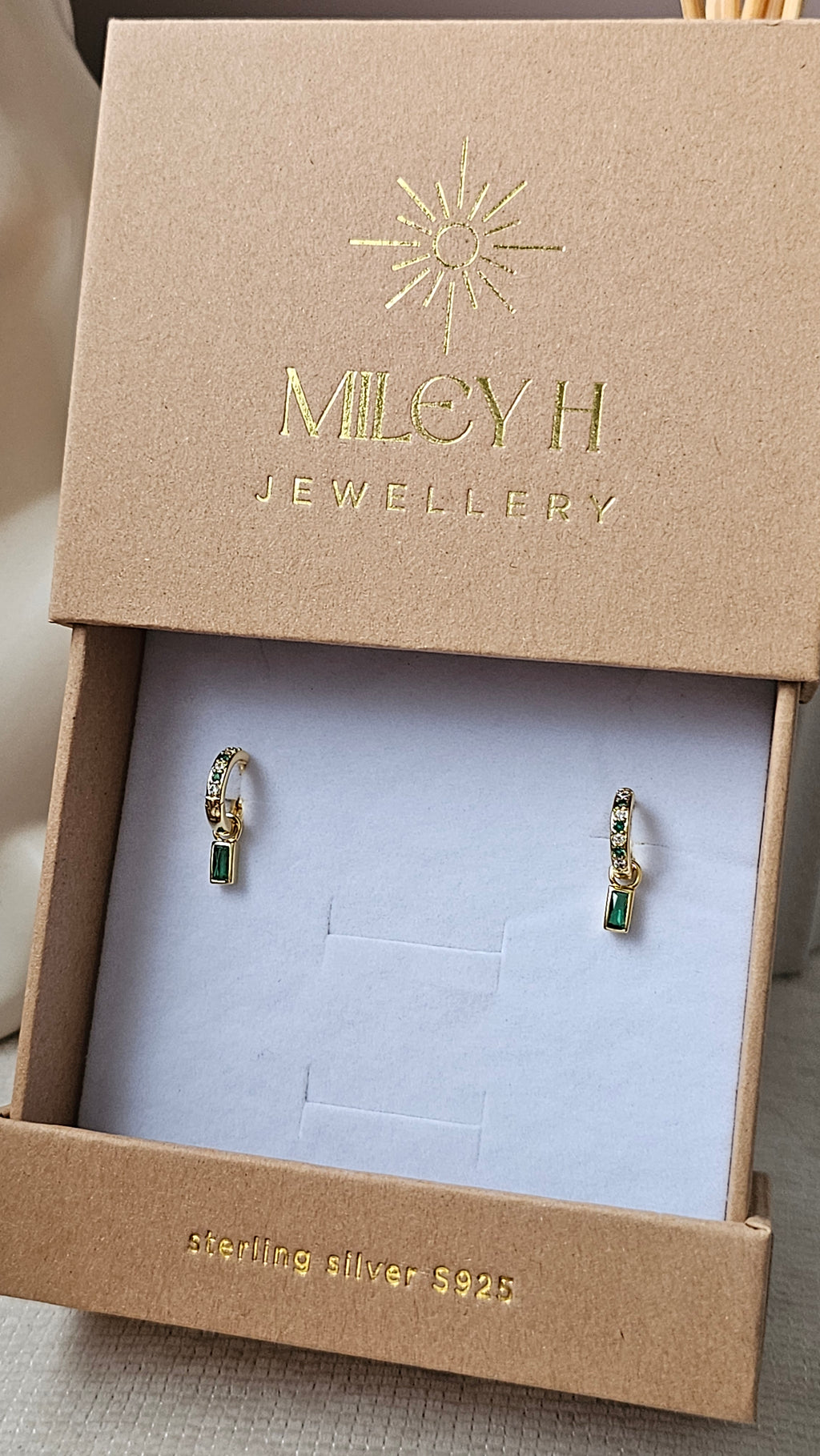 Sterling silver s925 gold plated Hoop Earrings green CZ