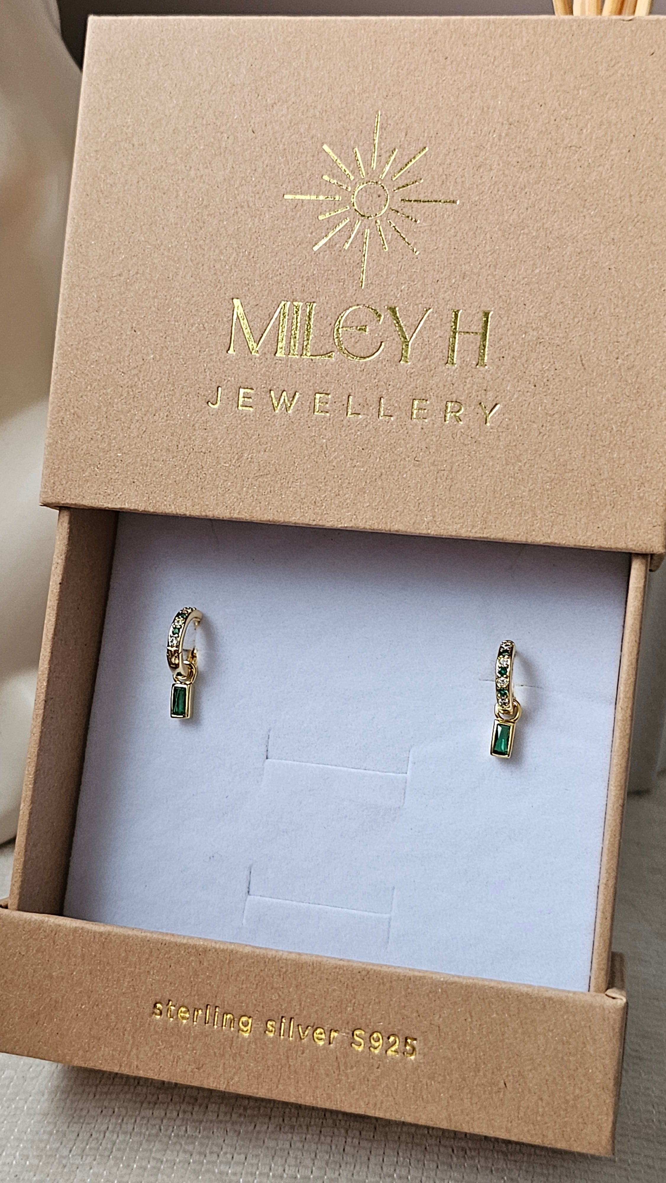 Sterling silver s925 gold plated Hoop Earrings green CZ