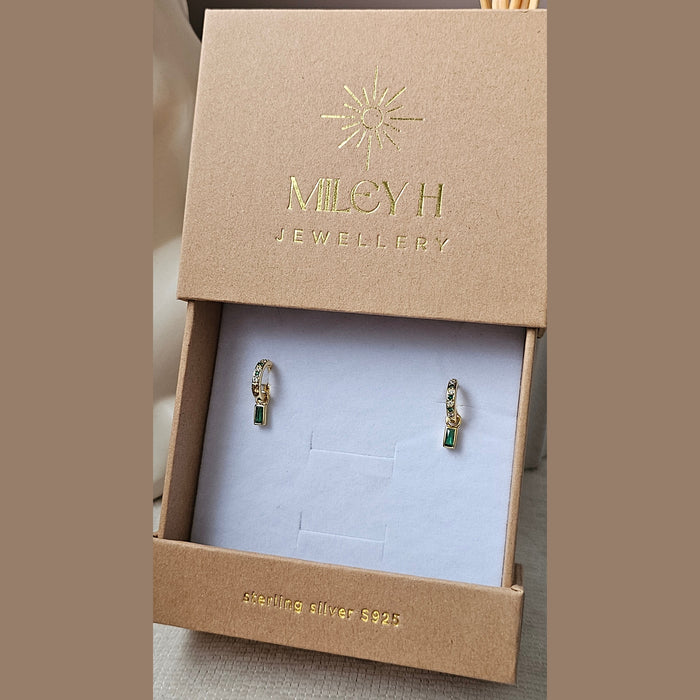Sterling silver s925 gold plated Hoop Earrings green CZ