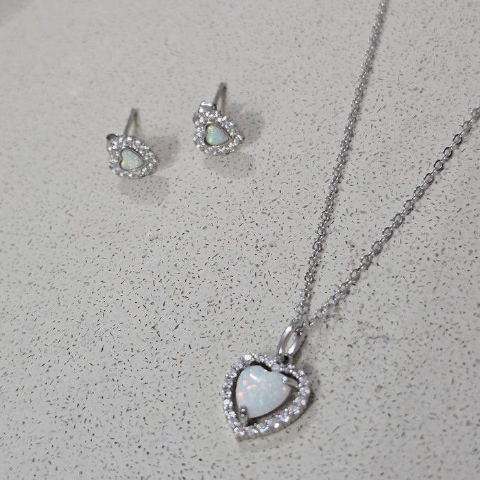 Sterling silver s925 earrings pendant necklace set Zirconia opal heart ❤️