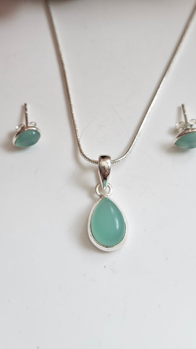 Aqua Chalcedony Sterling Silver S925 jewelry set , earrings and pendant necklace drop