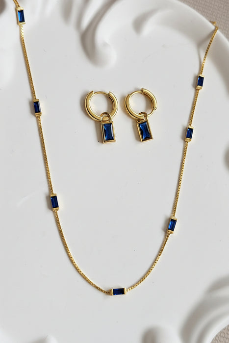 Sterling silver s925 gold plated necklace earrings set Zirconia navy rectangle