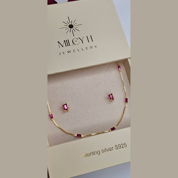 Sterling silver s925 gold plated necklace earrings set pink zirconia 💗
