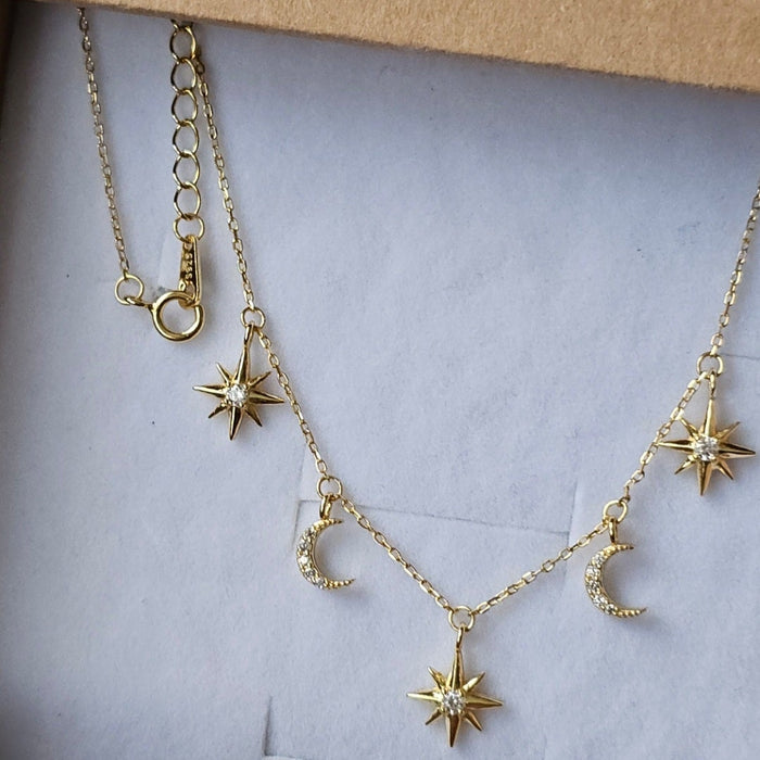 Sterling silver s925 gold plated necklace moon star zirconia Gift