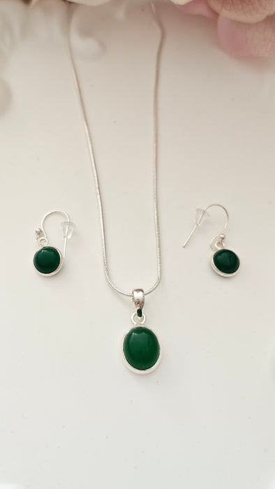 Sterling silver s925 green Onyx jewelry set earrings pendant necklace