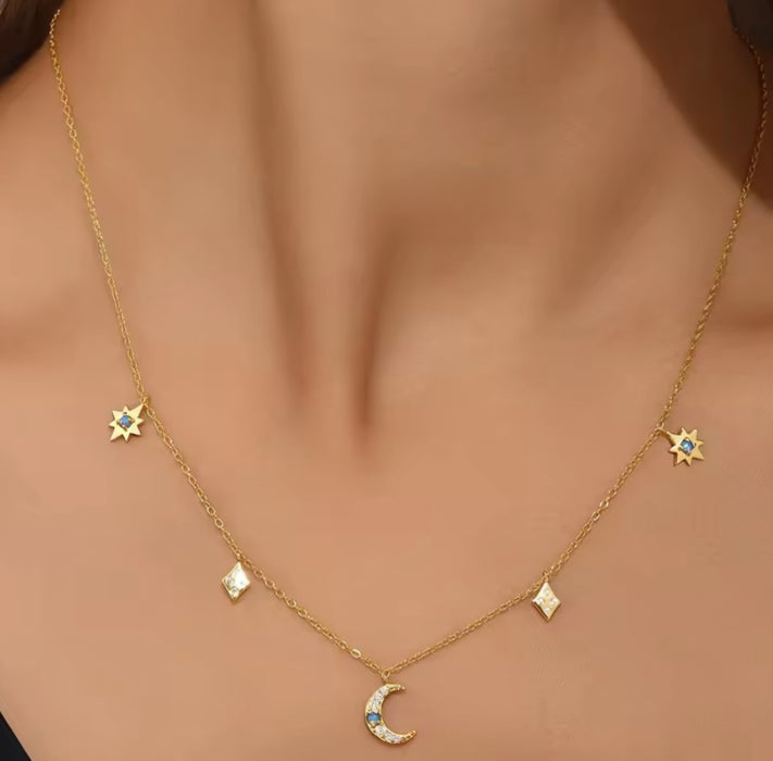 Sterling silver s925 gold plated necklace Zirconia moon star