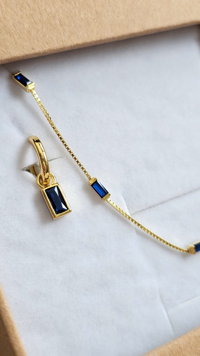 Sterling silver s925 gold plated necklace earrings set Zirconia navy rectangle