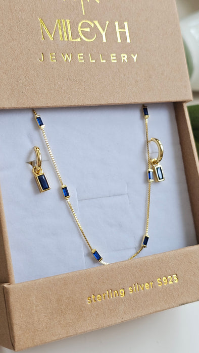 Sterling silver s925 gold plated necklace earrings set Zirconia navy rectangle
