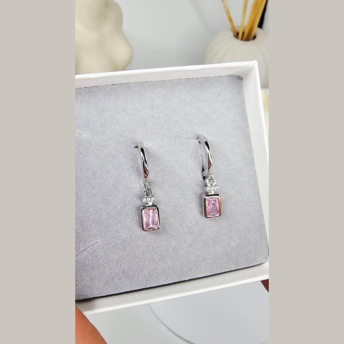 Sterling silver s925 earrings pink Zirconia rectangle Gift 🎁