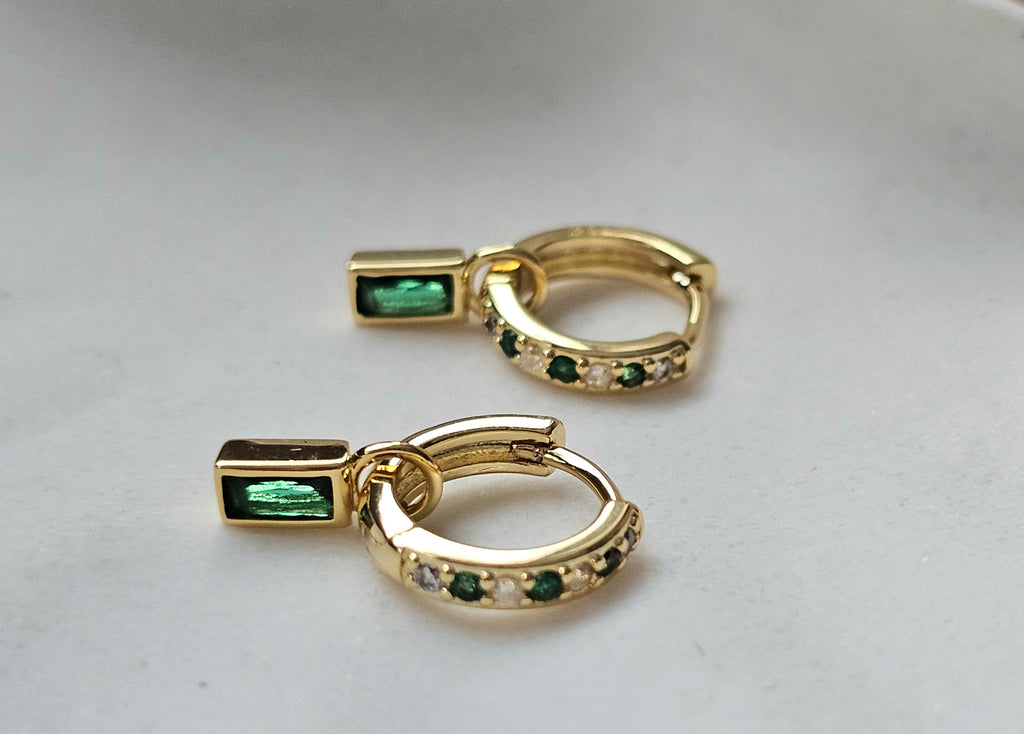 Sterling silver s925 gold plated Hoop Earrings green CZ