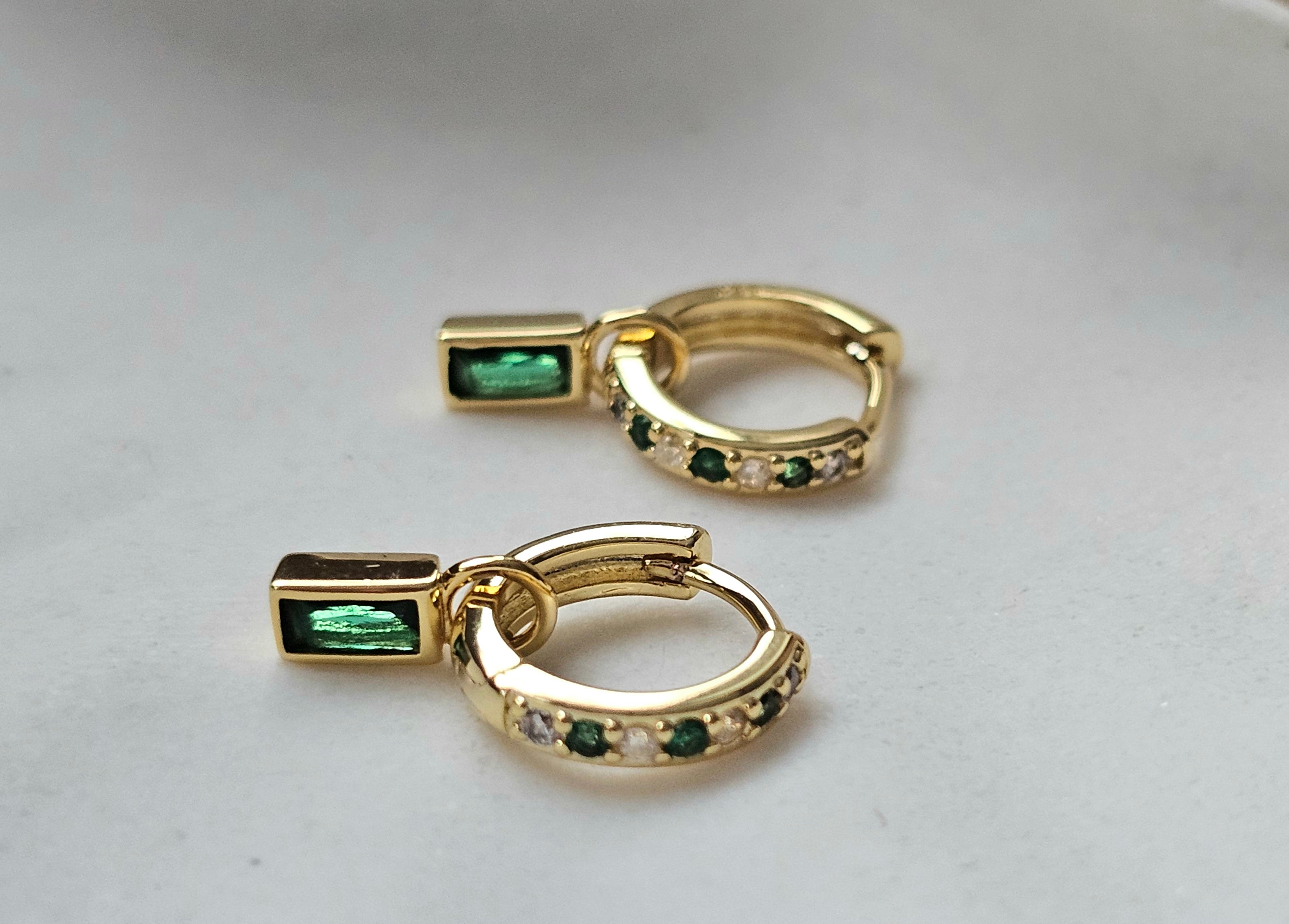 Sterling silver s925 gold plated Hoop Earrings green CZ