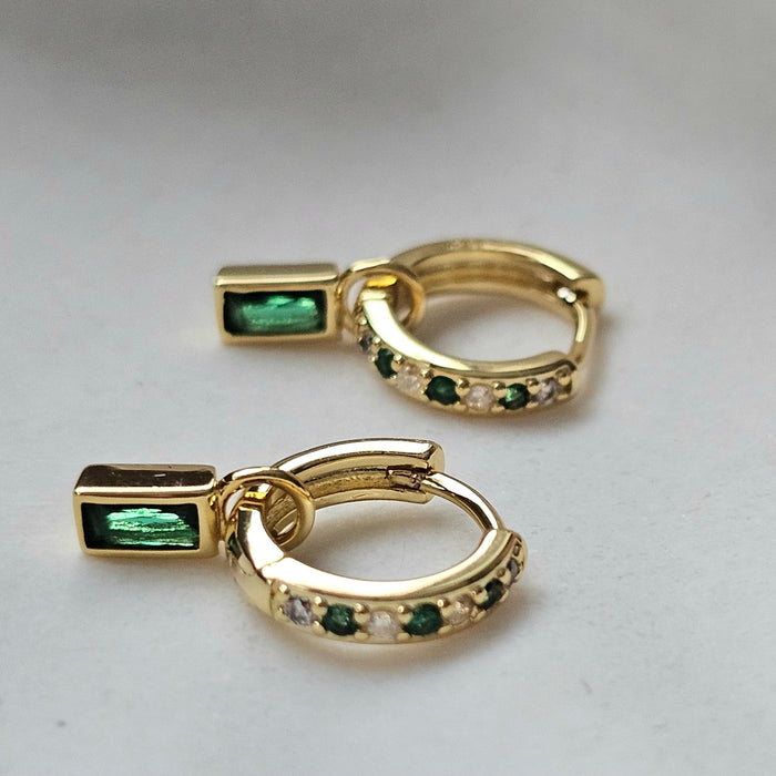 Sterling silver s925 gold plated Hoop Earrings green CZ