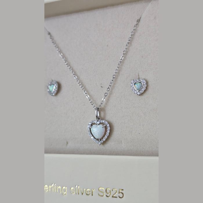 Sterling silver s925 earrings pendant necklace set Zirconia opal heart ❤️