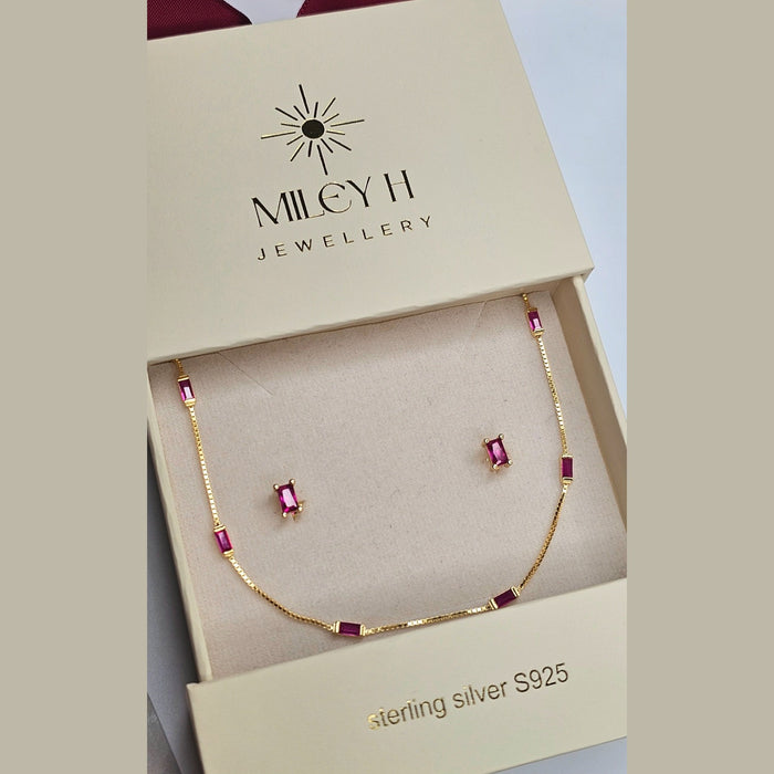 Sterling silver s925 gold plated necklace earrings set pink zirconia 💗