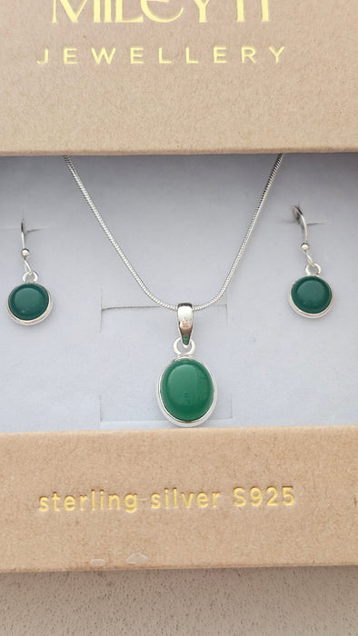 Sterling silver s925 green Onyx jewelry set earrings pendant necklace