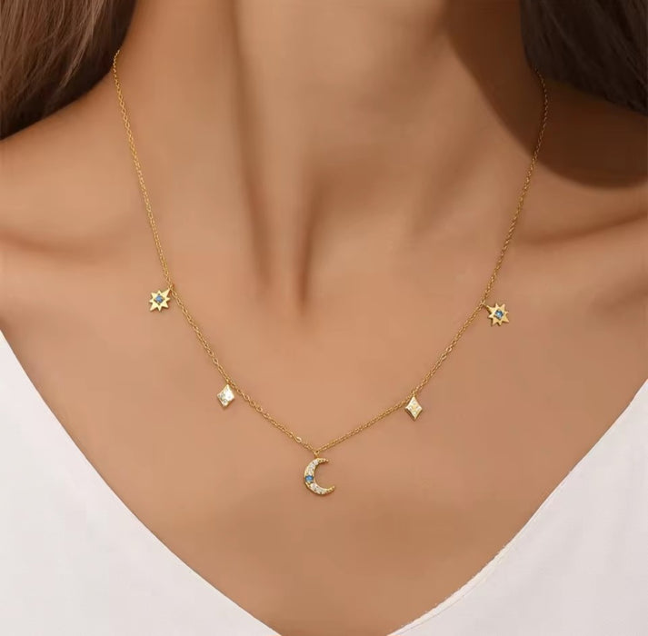 Sterling silver s925 gold plated necklace Zirconia moon star