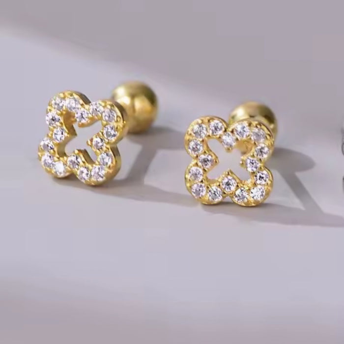 Sterling silver s925 gold plated earrings clover zirconia ball back Gift 🎁