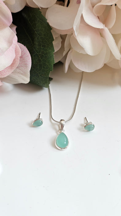 Aqua Chalcedony Sterling Silver S925 jewelry set , earrings and pendant necklace drop