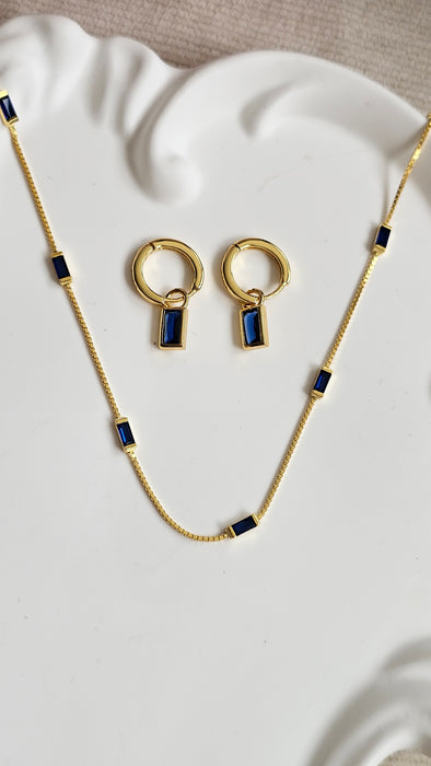 Sterling silver s925 gold plated necklace earrings set Zirconia navy rectangle