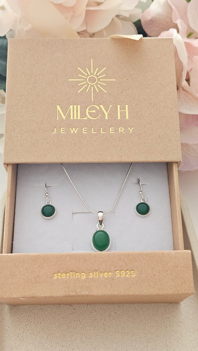 Sterling silver s925 green Onyx jewelry set earrings pendant necklace