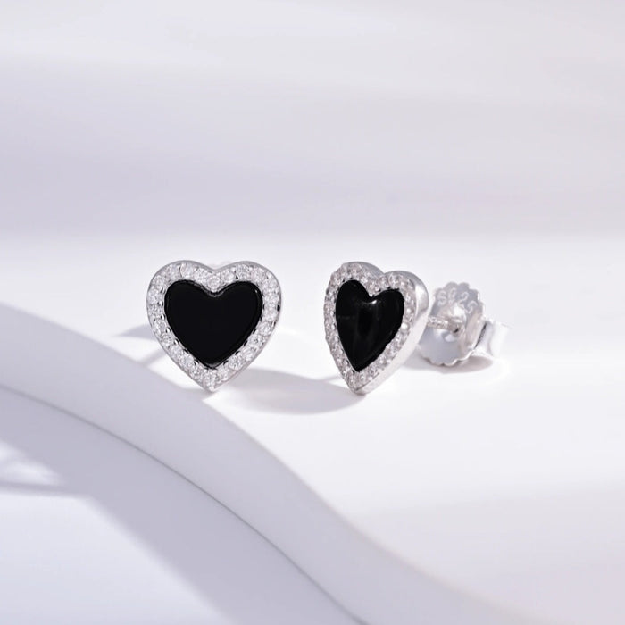 Sterling silver s925 earrings hearts Zirconia black stud elegant