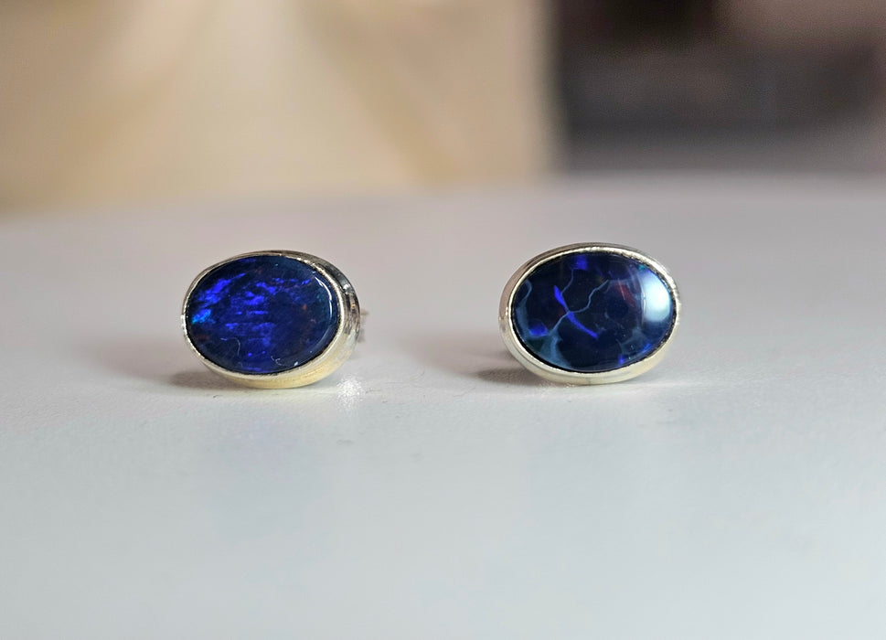 Sterling silver s925 earrings natural Black Opal stone stud