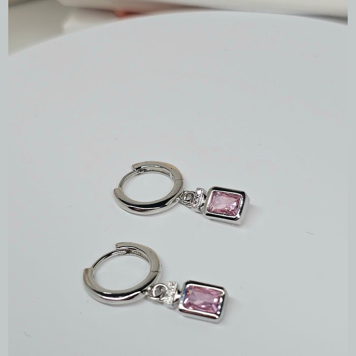 Sterling silver s925 earrings pink Zirconia rectangle Gift 🎁