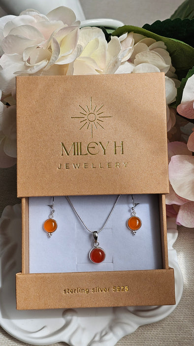 Sterling silver s925 pendant necklace earrings set Carnelian round