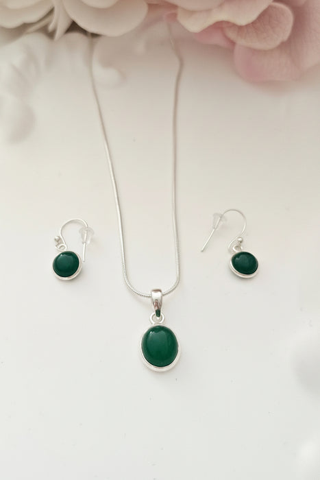 Sterling silver s925 green Onyx jewelry set earrings pendant necklace