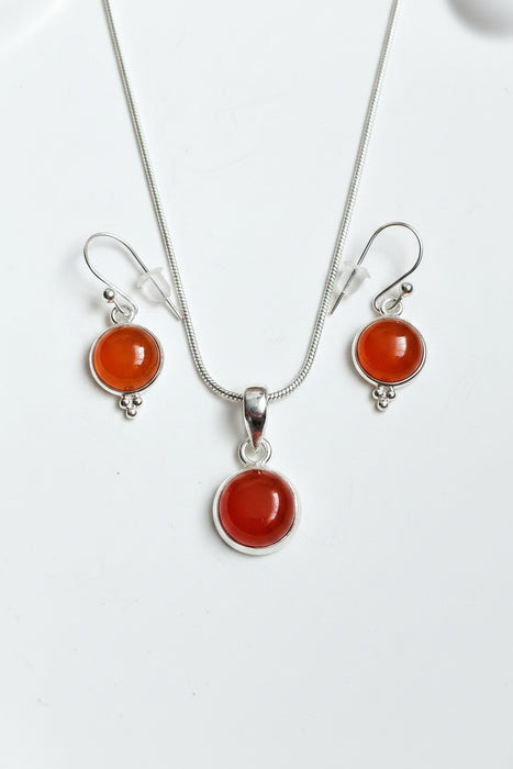 Sterling silver s925 pendant necklace earrings set Carnelian round