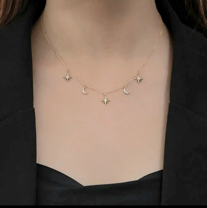 Sterling silver s925 gold plated necklace moon star zirconia Gift
