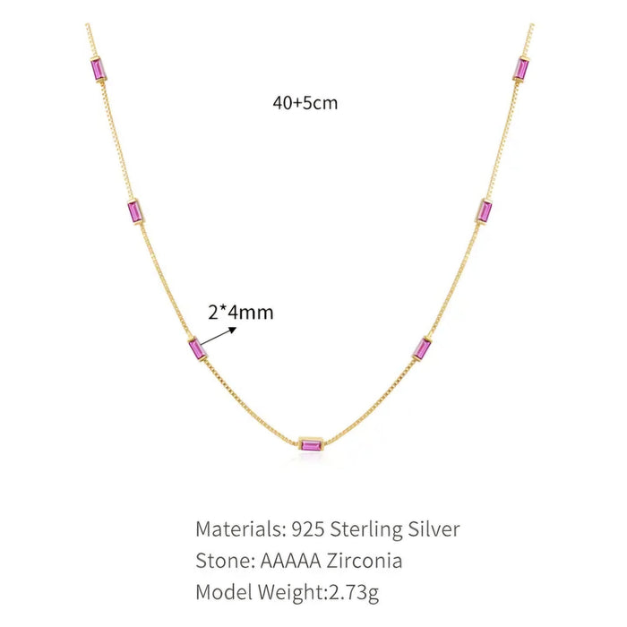 Sterling silver s925 gold plated necklace Zirconia rectangle pink Gift 💝