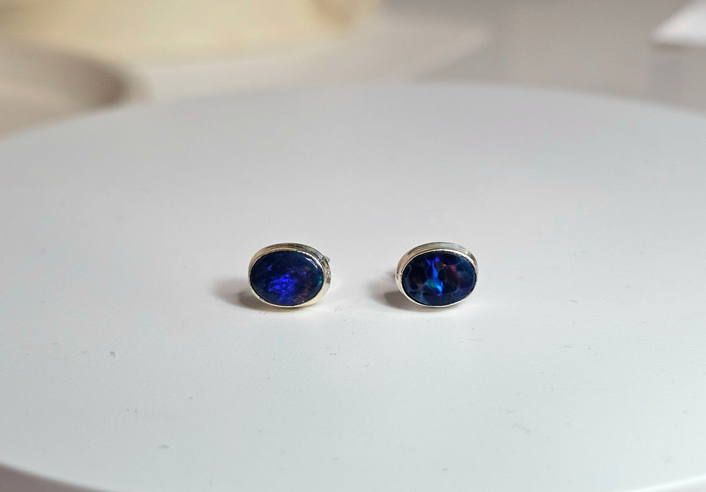Sterling silver s925 earrings natural Black Opal stone stud