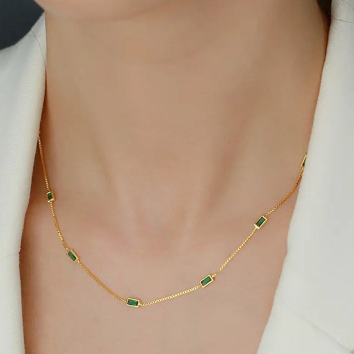 Sterling silver gold-plated necklace green zirconia rectangle