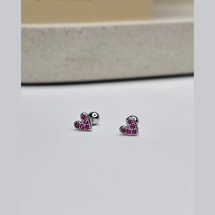 Sterling silver s925 earrings magenta heart zirconia Minimalist