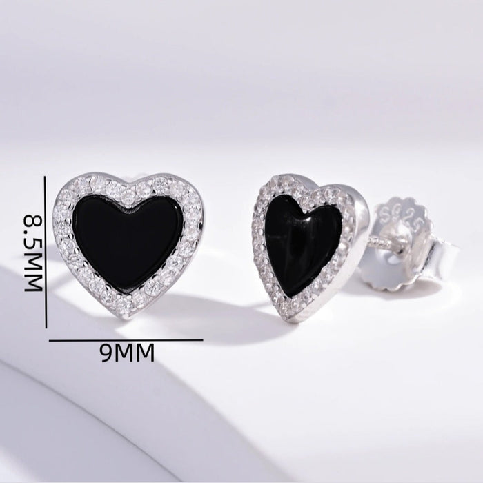 Sterling silver s925 earrings hearts Zirconia black stud elegant