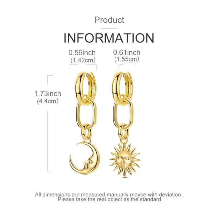 Sterling silver s925 earrings gold plated drop hoop moon sun