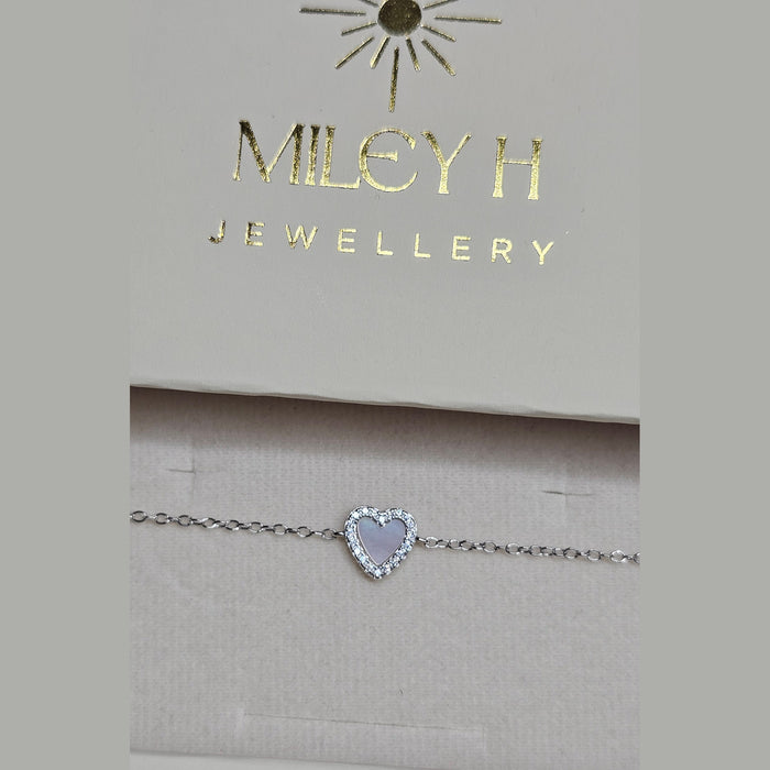 Sterling silver s925 bracelet Mother of pearl heart CZ Gift , Bridal