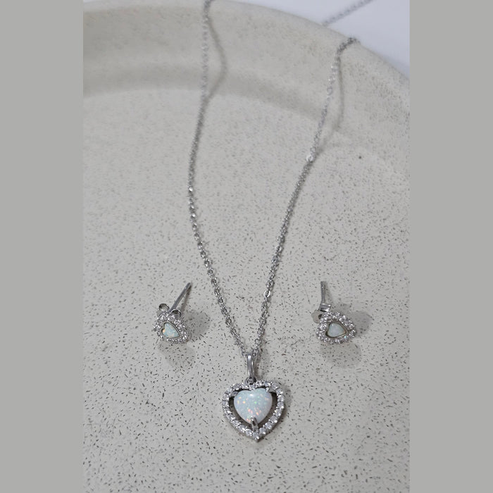 Sterling silver s925 earrings pendant necklace set Zirconia opal heart ❤️
