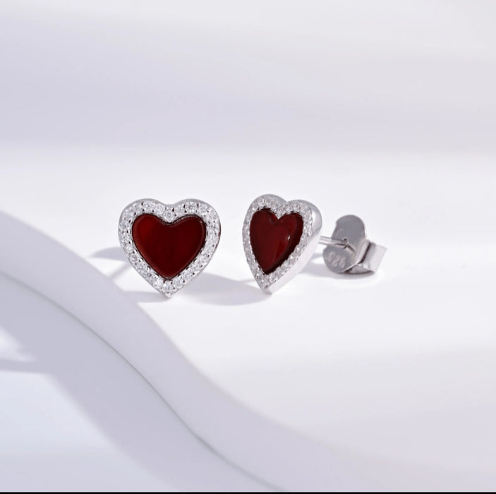 Sterling silver s925 earrings stud hearts Zirconia red